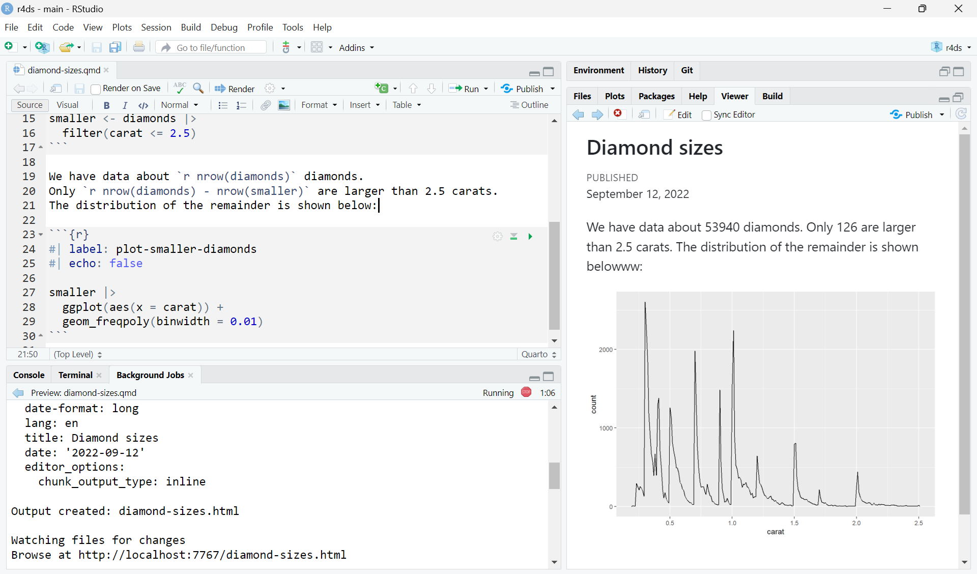 RStudio window with a Quarto document titled "diamond-sizes.qmd"  on the left and the Plot pane on the bottom right. The rendered  document does not show any of the code, but the code is visible  in the source document.
